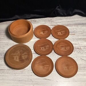 Vintage Japan Miyajima Satsuma Etched Lidded Wood Box w/6 Tea Coasters 1950s